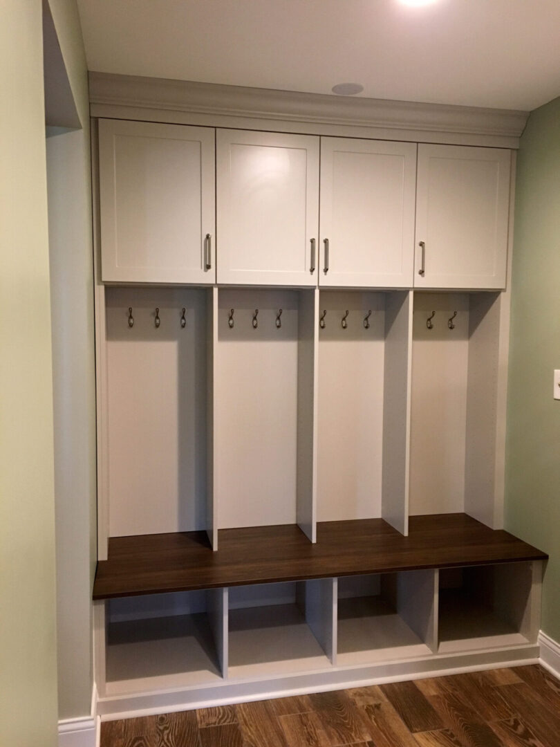 A room with four cabinets and two benches.